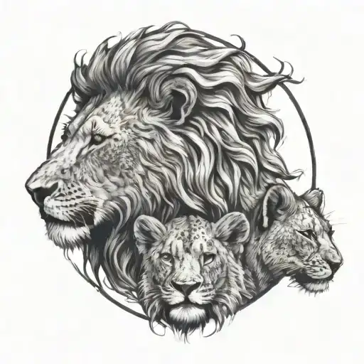 Lion With Two Cubs Full Moon