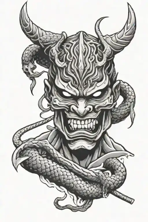 Oni Mask With Katana And Snake