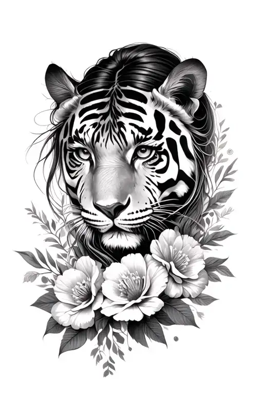 Woman Face Flowers Tiger Face Inside