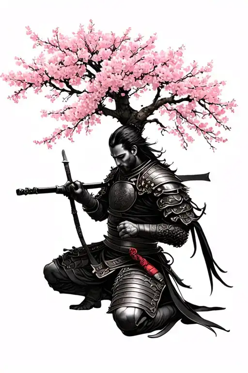 Samourai Kneeling Under Cherry Blossom Tree