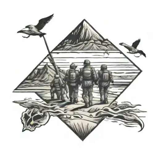 Army Soldiers On A Beach With A Hill In The Background With Solider Cemetery And Sunset