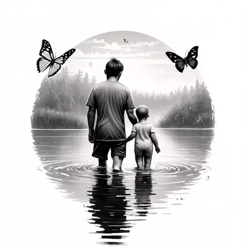 Baby With Dad Walking Through A Lake And Butterflies