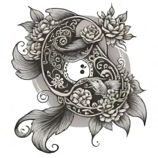 Pisces Fish Ying Yang With Flowers