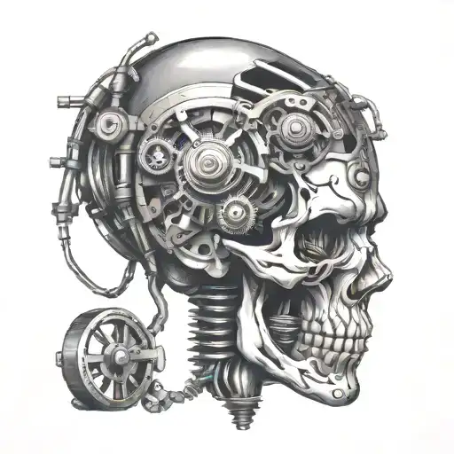 Blown Human Head With Piston And Mechanical Parts Inside