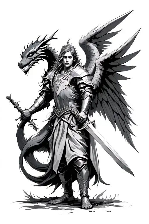 Angel Knight Holding A Sword With A Dragon