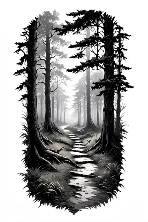 Dark Forest Landscape With Path Through The Silence