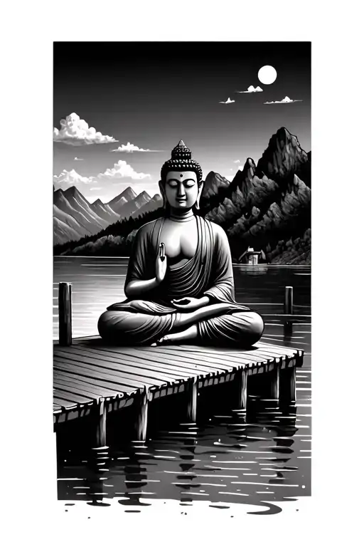 Buddha Meditating With Mountains In The Background Over A River With A Dock