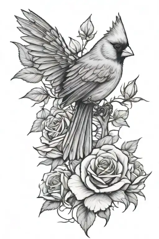 Cardinal Perched On Roses Blooming