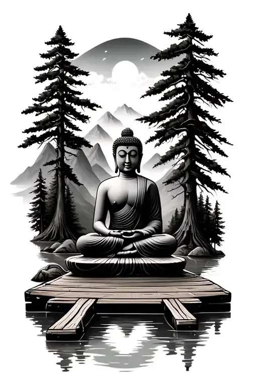 Buddha Meditating In The Mountains Near A Forest With A River In The Front In A Dock