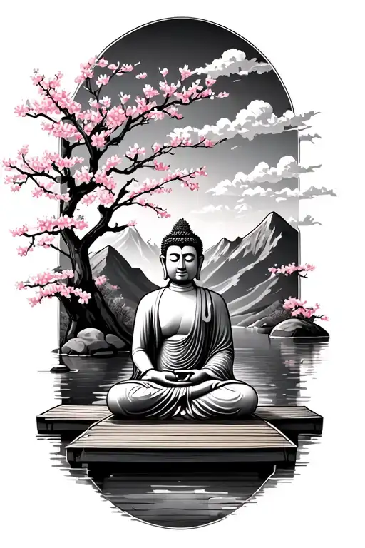 Buddha Meditating In The Mountains In Front Of A River On A Dock With Cherry Blossom Trees Around