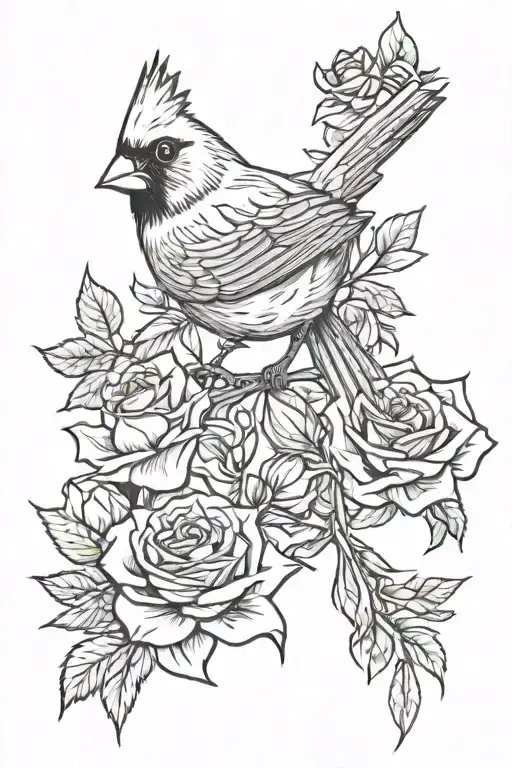 Cardinal With Roses Blooming