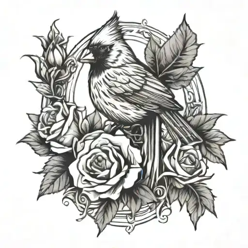 Cardinal Perched On Roses With Cross Surrounded