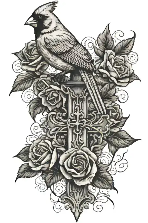 Cardinal Perched On Cross With Roses