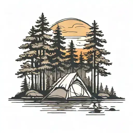 Tent Surrounded By Trees Colors Sunset Over Lake