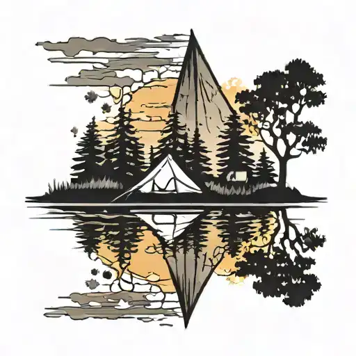 Tent Surrounded By Trees Colors Sunset Over Lake Reflecting