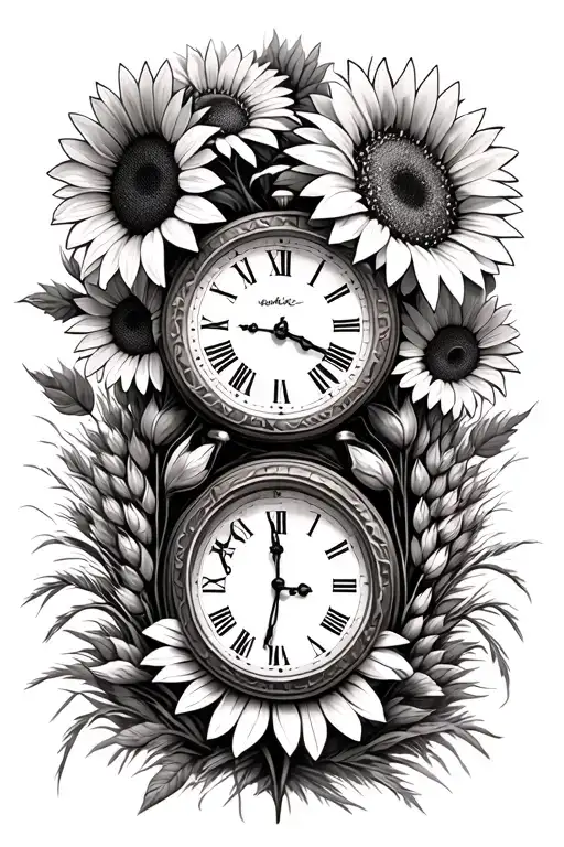 Sunflowers And Daisies A Small Old Clock And Wheat Grass