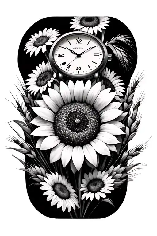 Sunflowers And Daisies Being The Main Pieces A Small Old Watch And Wheat Grass