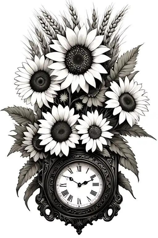 Sunflowers And Daisies Being The Main Pieces A Small Old Clock And Wheat Grass