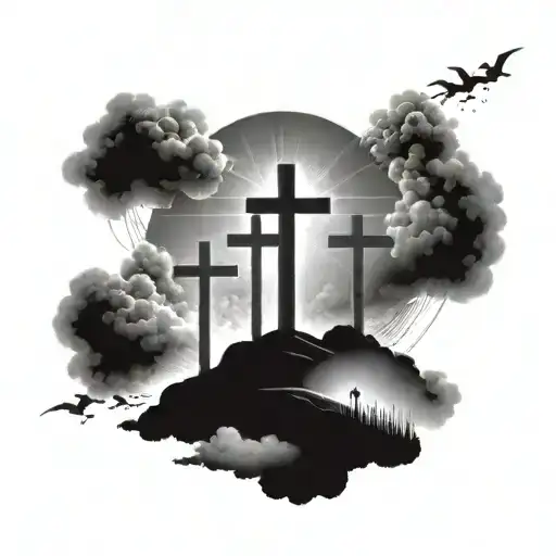 3 Crosses On Hill Surrounded By Clouds And Light Beams