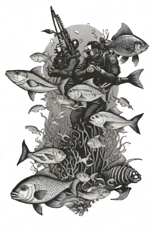 Full Ocean With Scuba Divers Floating And Fish