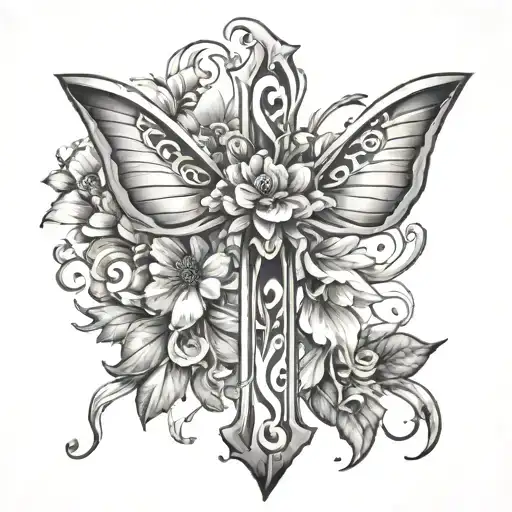 Cross With A Semicolon In The Middle With Flowers And Butterflies