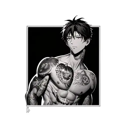 A Skinny Shirtless Muscular Anime Boy Wearing A Jack O Latern Full Body