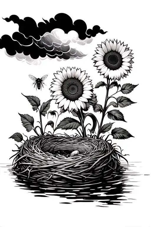 Sunflowers And Honey Bees Nest To The River While Its Storming
