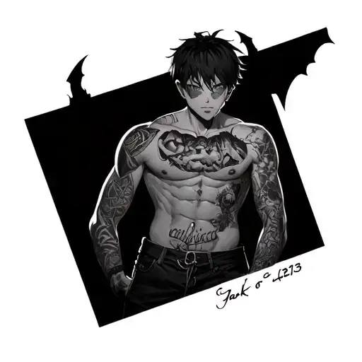 A Skinny Shirtless Muscular Anime Boy Wearing A Jack O Latern Full Body
