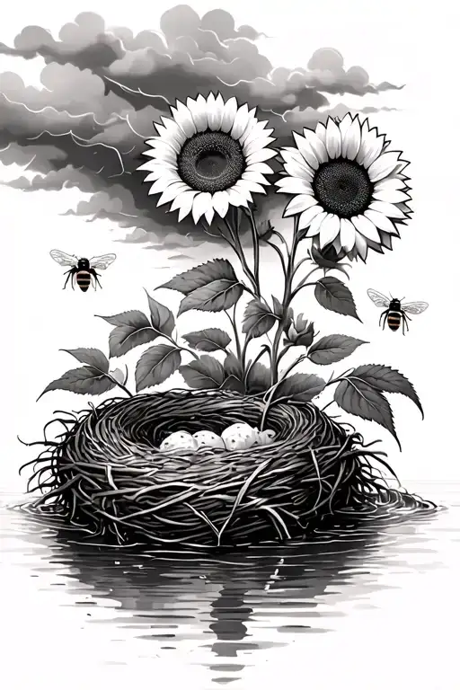 Sunflowers And Honey Bees Nest To The River While Its Storming