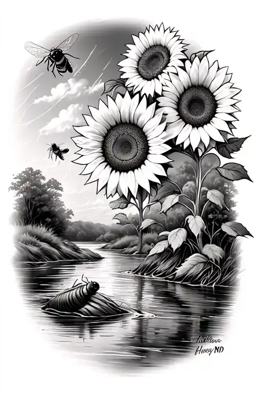 Sunflowers And Honey Bees Next To The River While Its Storming