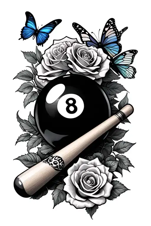 Pool Stick And Roses Wrapped Around And 8 Ball And Cue Ball With Butterflies