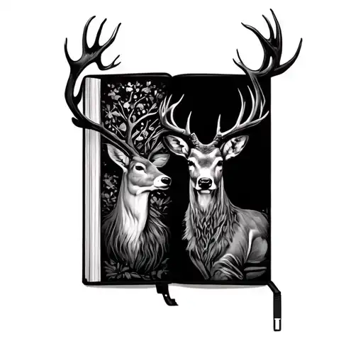 Book With A Deer With Tree-shaped Antlers On The Left Page And Manga And Gaming On The Right Page