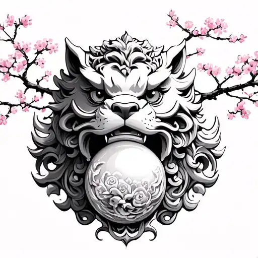 Foo Dog With Orb And Cherry Blossom Tree