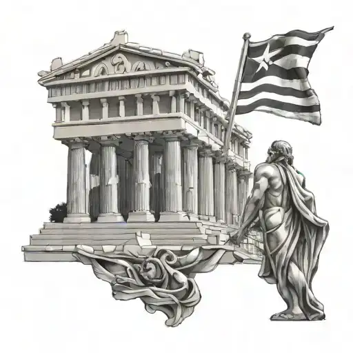 Acropolis With Poseidon With Greek Flags