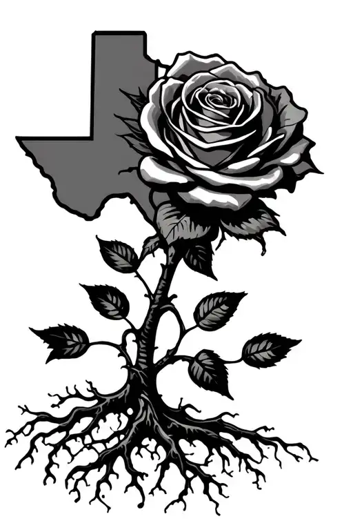 Texas Shape Outline With Roots Coming Out The Bottom Growing Into A Rose