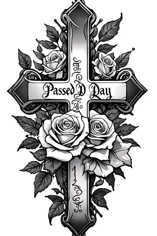 Cross With Passed Away Dates Incorporated With Rose Intertwined