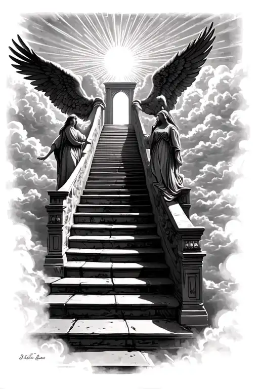 Stairway To Heaven Walking Up Stairs Angels Sun Rays Clouds Heaven Gate At The Top Of The Stairs