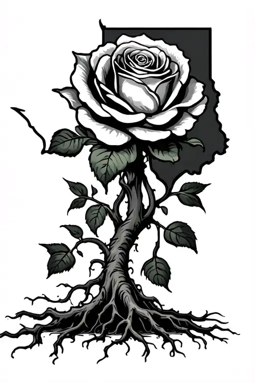 Texas Shape Outline With Roots Coming Out The Bottom Growing Into A Upsidedown Rose