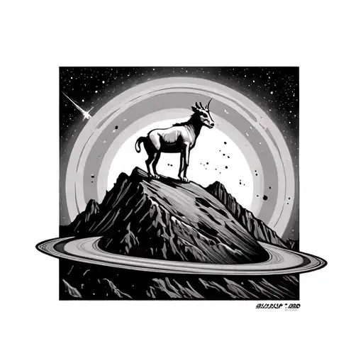 A Goat Climbing Mountain Peak And Saturn Ring Surrounded