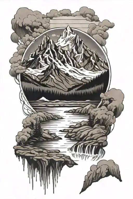 Black And White Mountains With River