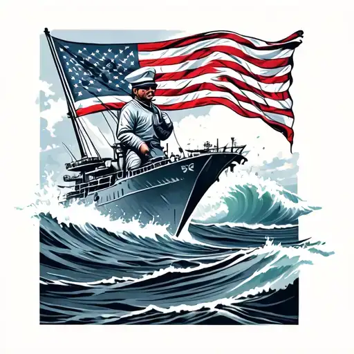 Navy Sailor With A Carrier Battling Powerful Waves Carrying The American Flag