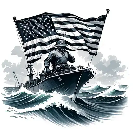 Navy Sailor With A Carrier Battling Powerful Waves Carrying The American Flag