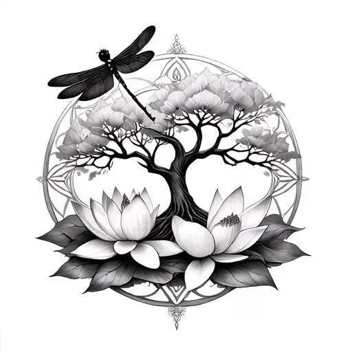Dragonfly Lotus Flower And Tree Of Life Intertwined