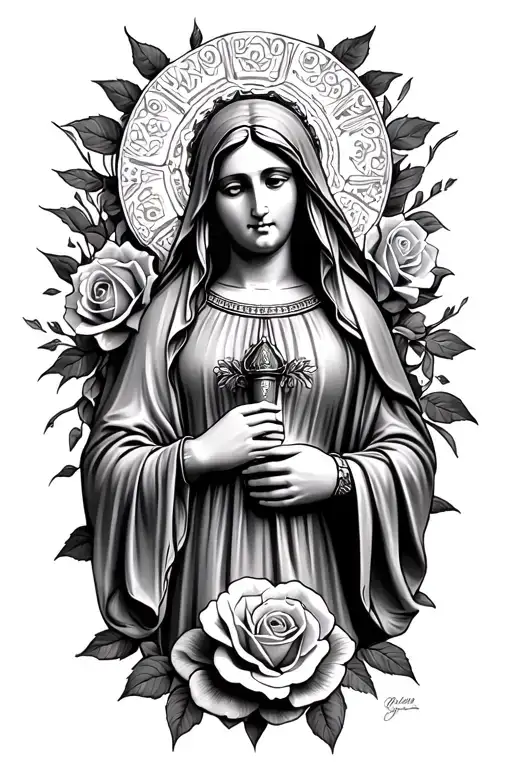 Virgin Mary And Roses Chicano