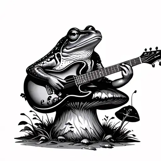 Bullfrog With A Guitar Sitting On A Mushroom