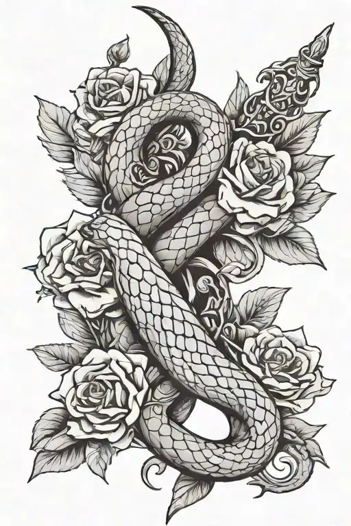 2 Snakes Wrapped Around Dagger With Flowers On Back