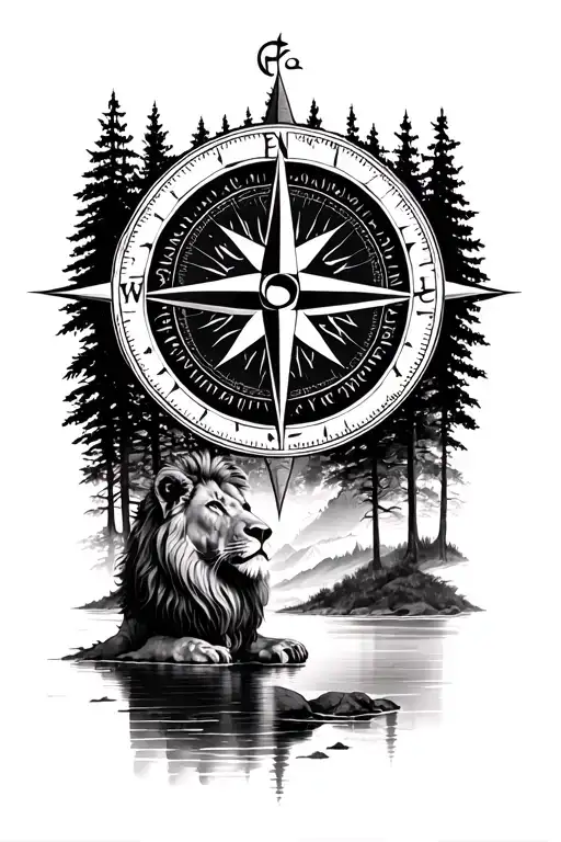 Detailed Compass Rose Surrounded By Forest On Top And Lake On Bottom Incorperate The Lion Of Judah
