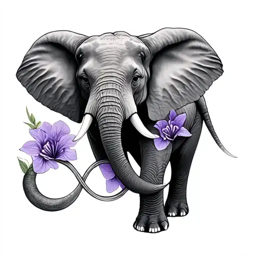 Elephant Tattoo With Violets And Narcissus And An Infinity Loop