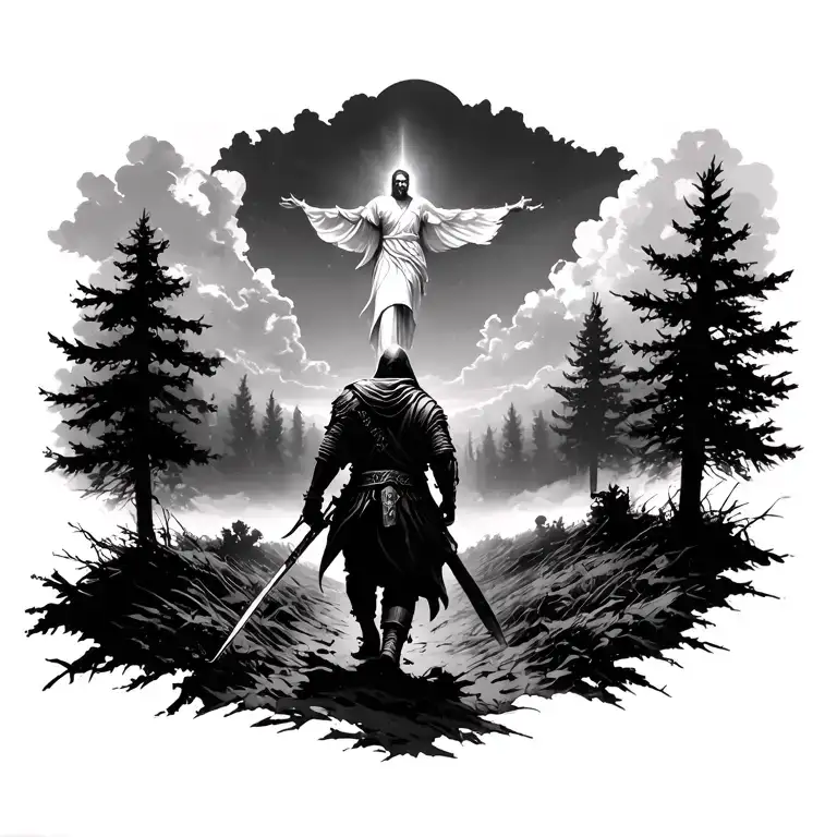 Battlefield Scene With Warrior Walking Towards A Clearing And In The Clearing Is Heaven