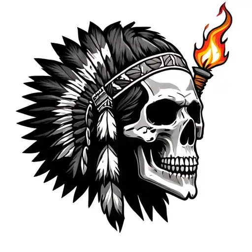 Side Facing Native American Head Skull With Flaming Torches